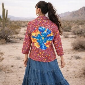 Vtg. Red Jean Jacket Gotcha Covered  Floral Fabric Flower power Embroidered Back